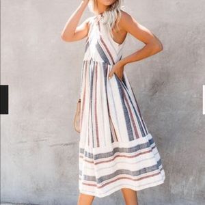 Striped High Neck Midi Dress with Pockets